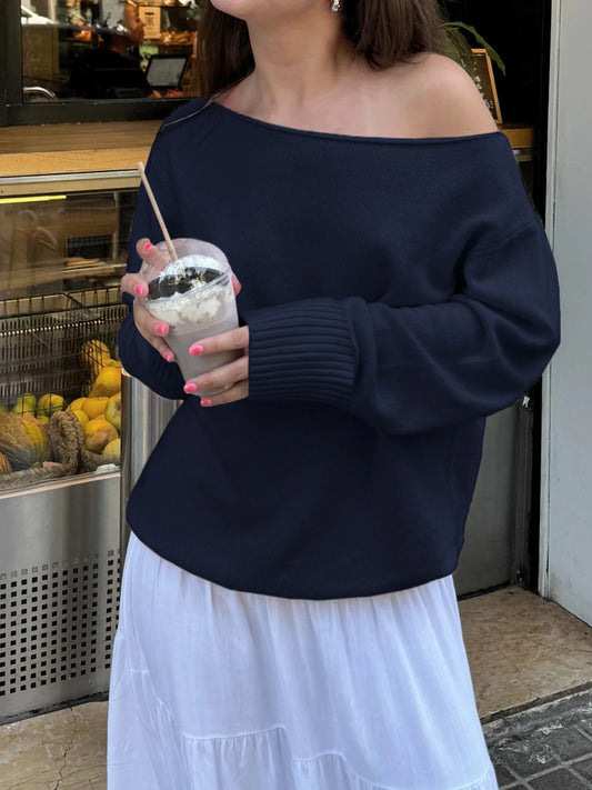 Dark Blue Minimalist Style Autumn Winter Sweaters White Simple Basic Loose Knitted Pullover Jumpers