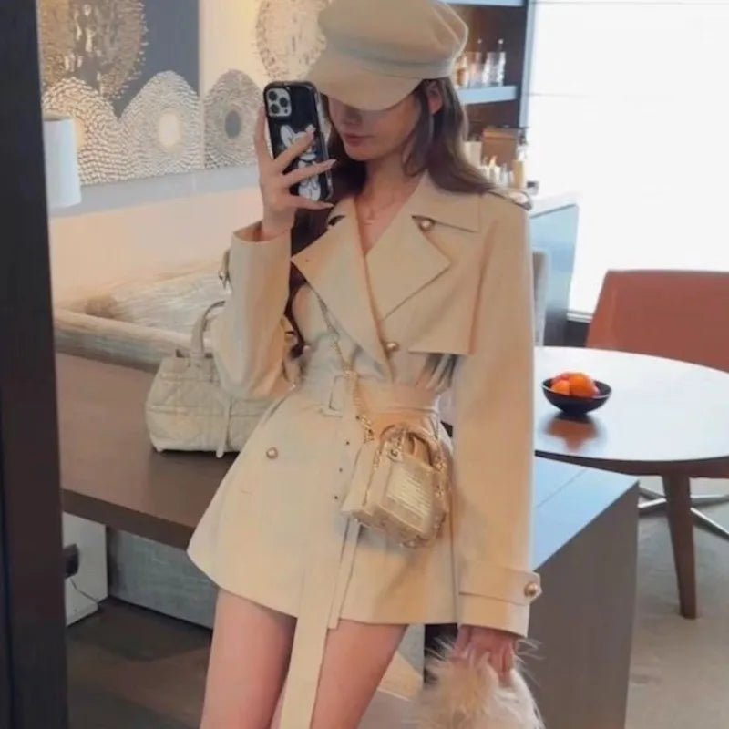 Lapel Blazer Coats Autumn New Double Breasted British Style Jacket With Belt Korean Outerwear