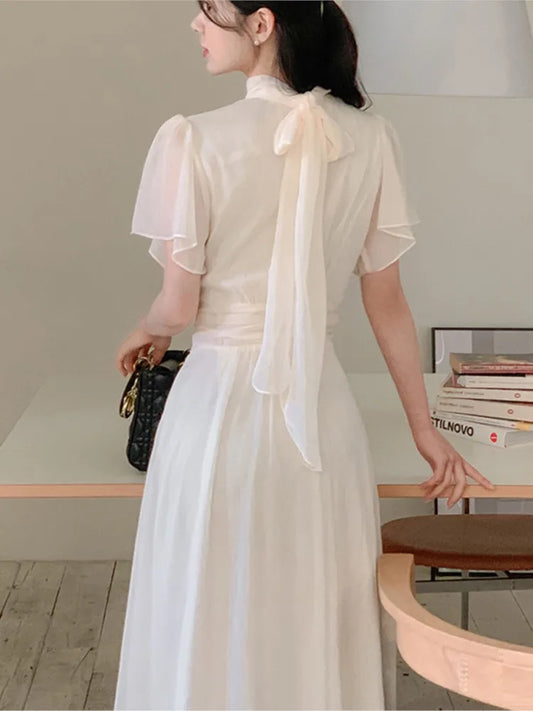 Midi Dresses for Ruffles Half-high Collar A-line Office Lady Korean Autumn Vestidos Mujer New