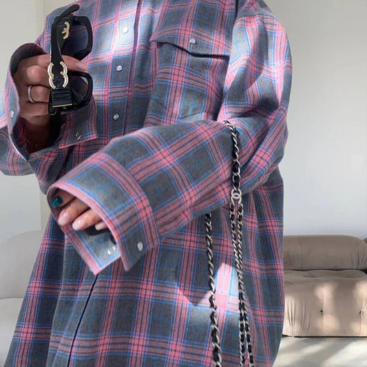 Single Breasted Lapel Shirts Spring Plaid Print Loose Office Blouses New Autumn Long Sleeve Long Top Jacket