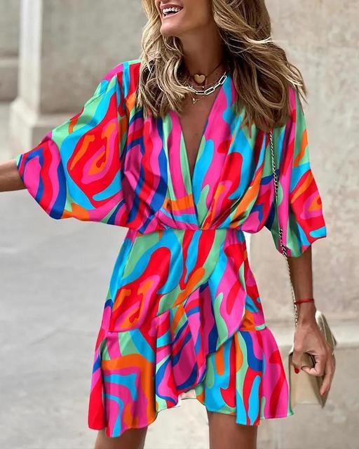 Summer Irregular Mini Dress Print Bohemia Sundress Bat Sleeve Ruffles Vestidos Dresses for