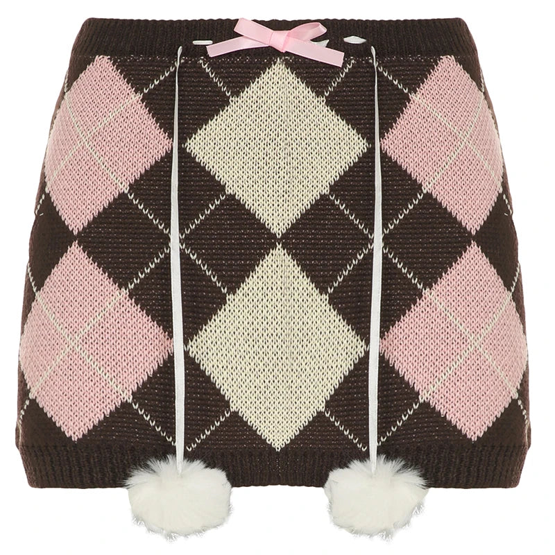 Autumn Knitted Sweet Rhombus Plaid Skirts Plush Ball Lace Up Bow Mini Skirts