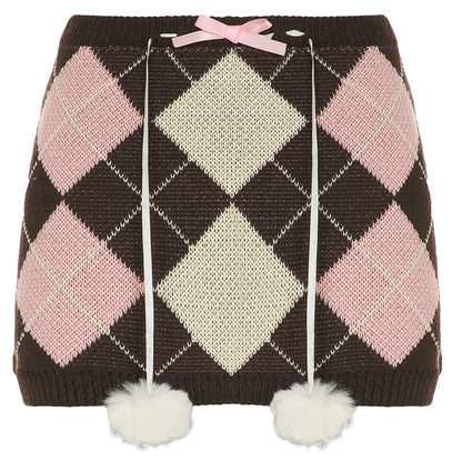 Autumn Knitted Sweet Rhombus Plaid Skirts Plush Ball Lace Up Bow Mini Skirts