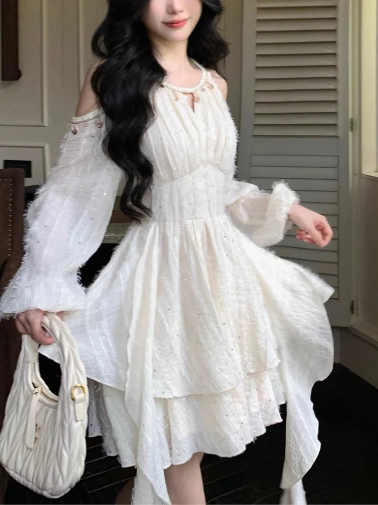 Irregular Ruffles Shell Decoration Mini Dress Autumn Winter Long Sleeve Off Shoulder Fairy Evening Sequin Vestidos