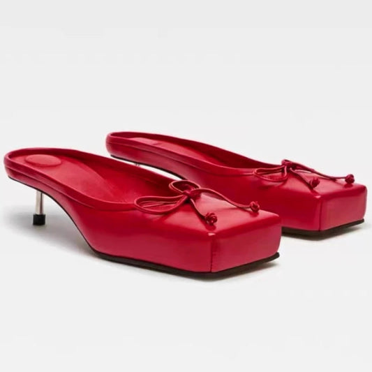 Brand Designer Mule Pumps Slippers Bow Square Toe Party Dress Shoes Red High Heels Sandals