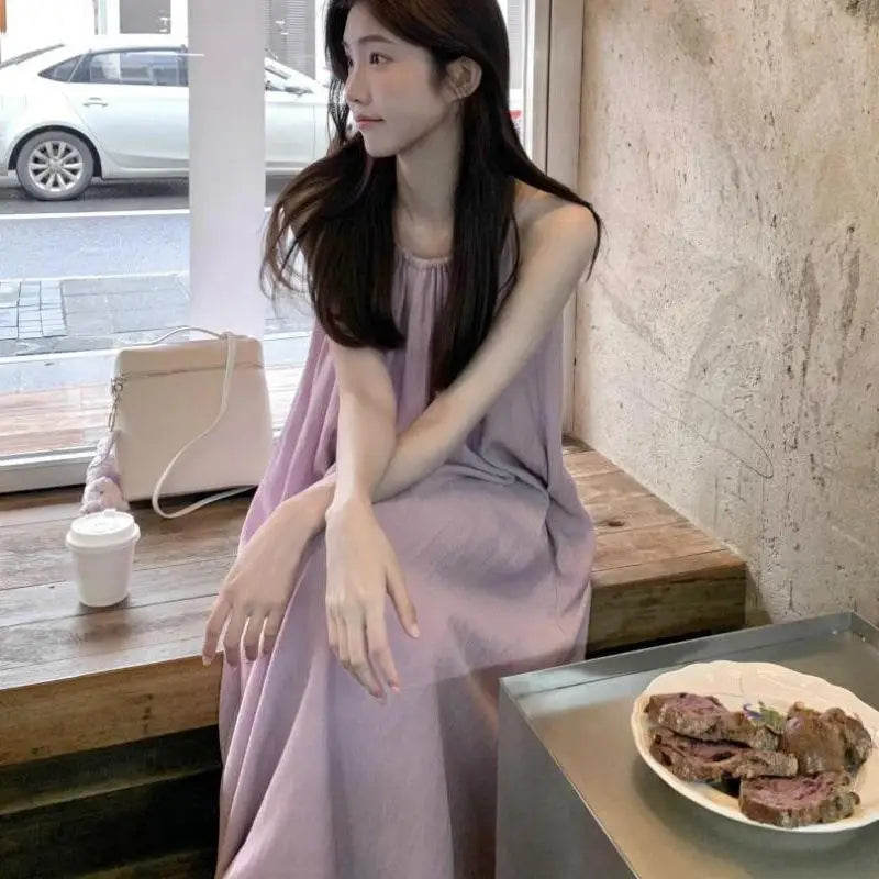 Summer Purple Off Shoulder Loose Pleated Sundress New Sleeveless Long Dress Slim Robe Clothes
