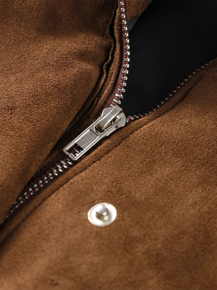 Zipper Suede Cargo Jacket Coat Button Lapel Maillard Slimming Workwear Leather Jackets Short Outwear Commute Overcoat