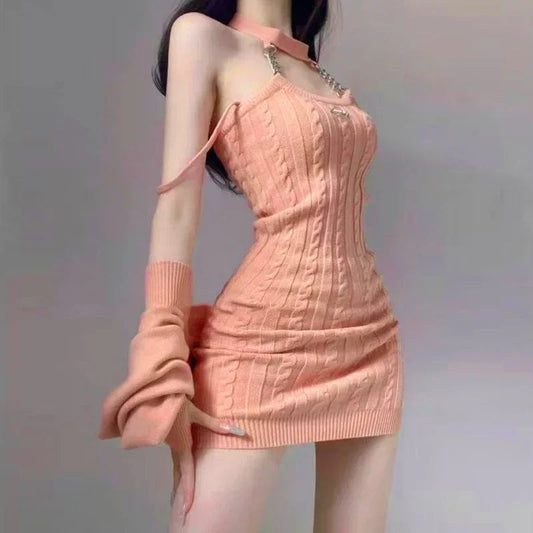 Knitted Twopiece Set Halter Neck Dress Loose Coat New Hot Girl Suspender Short Skirt Korea Japan Style Vestidos
