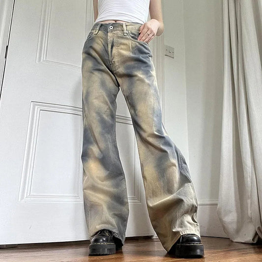 Gradient Color Jeans Loose Washed Y2k Wide Leg Pant High Street Straight Denim Trousers