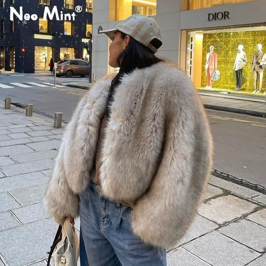 Iconic Street Week Brand Gardient Cropped Faux Fur Coat Winter Hot Cool Fluffy Short Fur Jacket