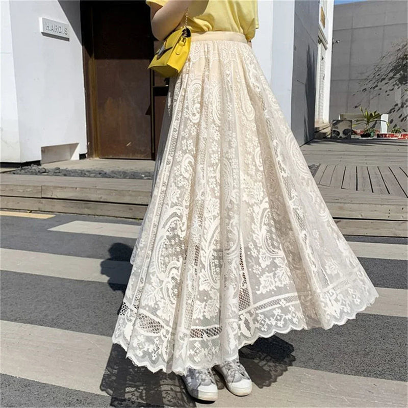High Waist Hollow Out Female Maxi Skirts Spring Summer Lace Crochet Umbrella Long Skirts