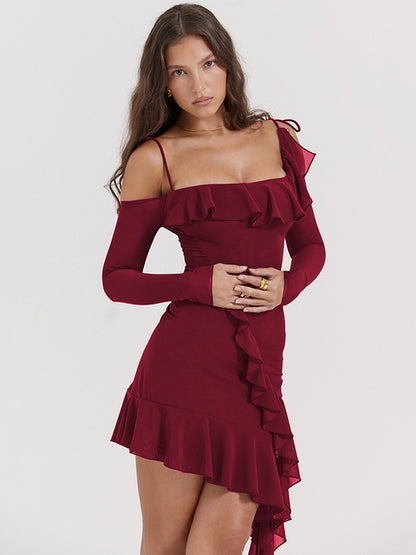 Strap One Line Neck Double Layer Long Sleeve Dress ’s Slim Fit Ruffles Irregular Mini Dress Sweet Party Club