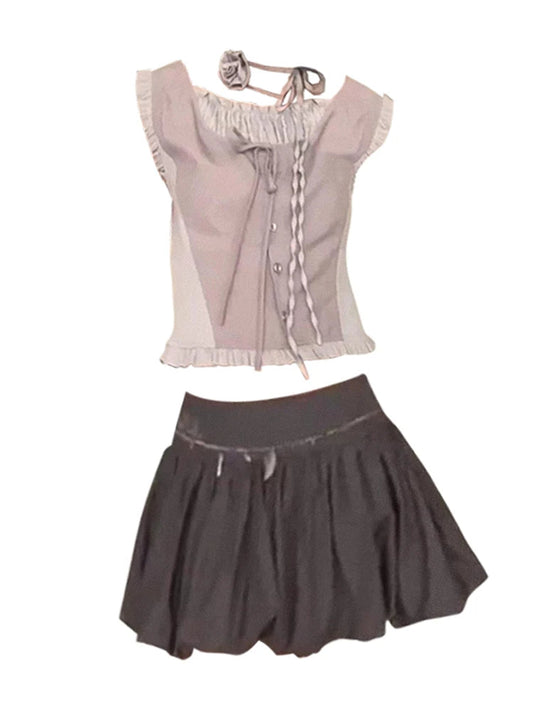 Summer Tide Korean Ballet Core Y2k Outfits 2 Piece Set Gyaru Lace Up Tank Top + Elastic Waist Mini Pleated Skirts