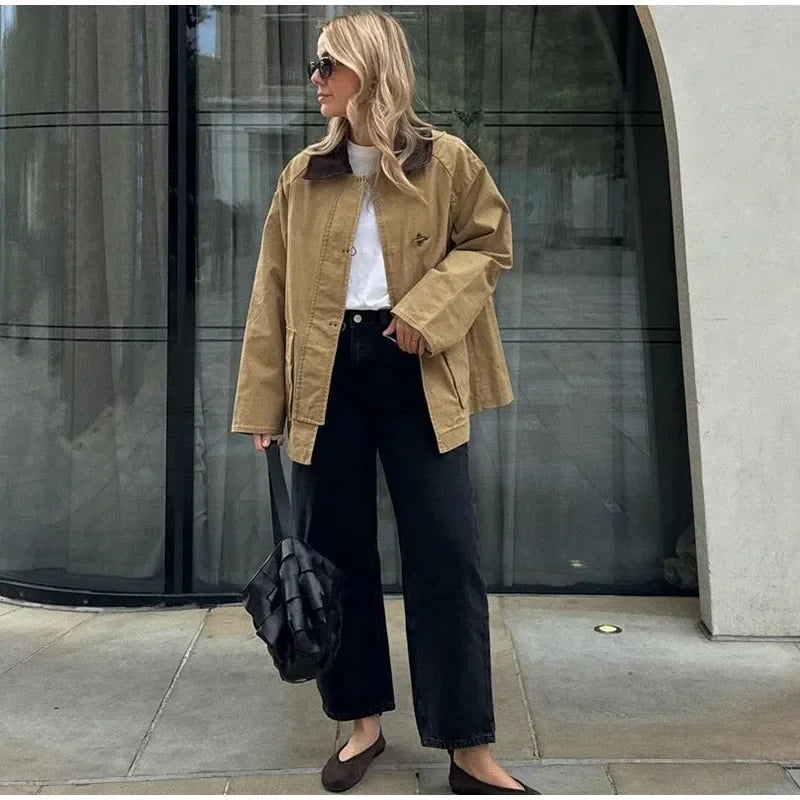 Patchwork Contrast Jacket Single Breasted Lapel Female Jackets Autumn Winter Locomotive Lady Outwear