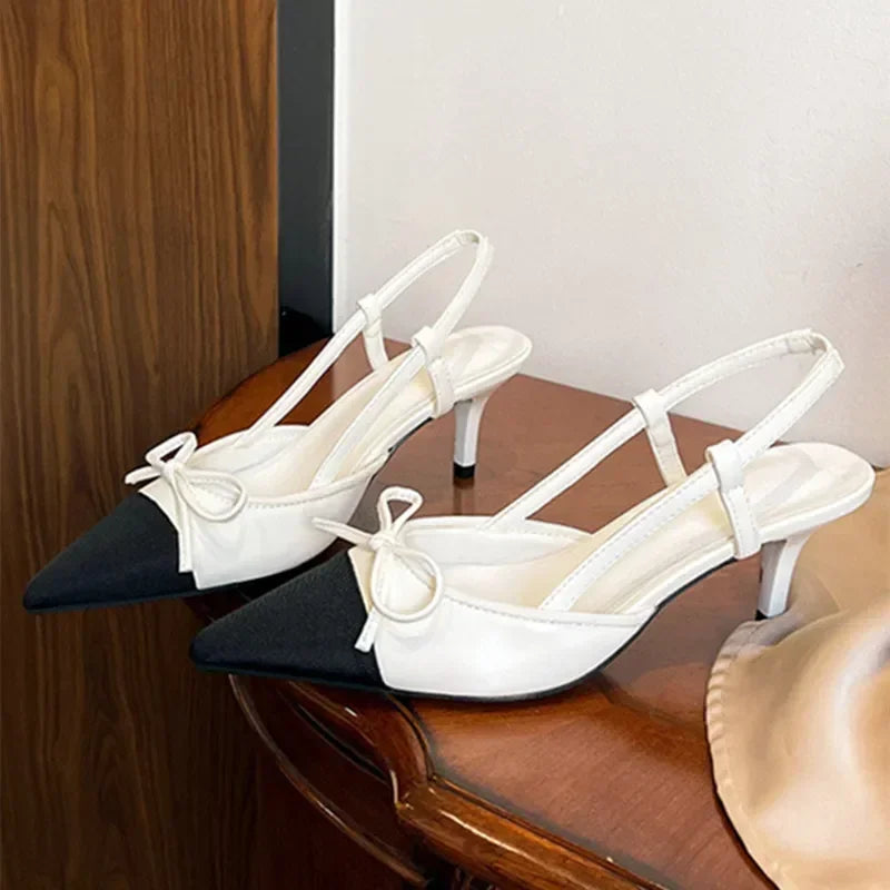 Bow Brands Pointed Toe High Heels Summer Thin Heeled Sandals Back Strap Mules Shoes Gold Silver Pumps