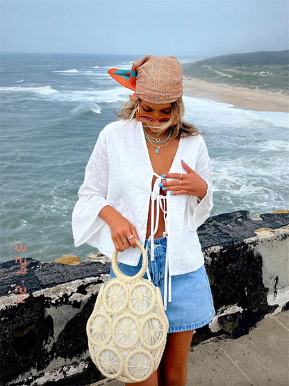 V-neck Lace Up Shirts Spring Summer New Long Sleeve Blouse for Female Street Lady Tops