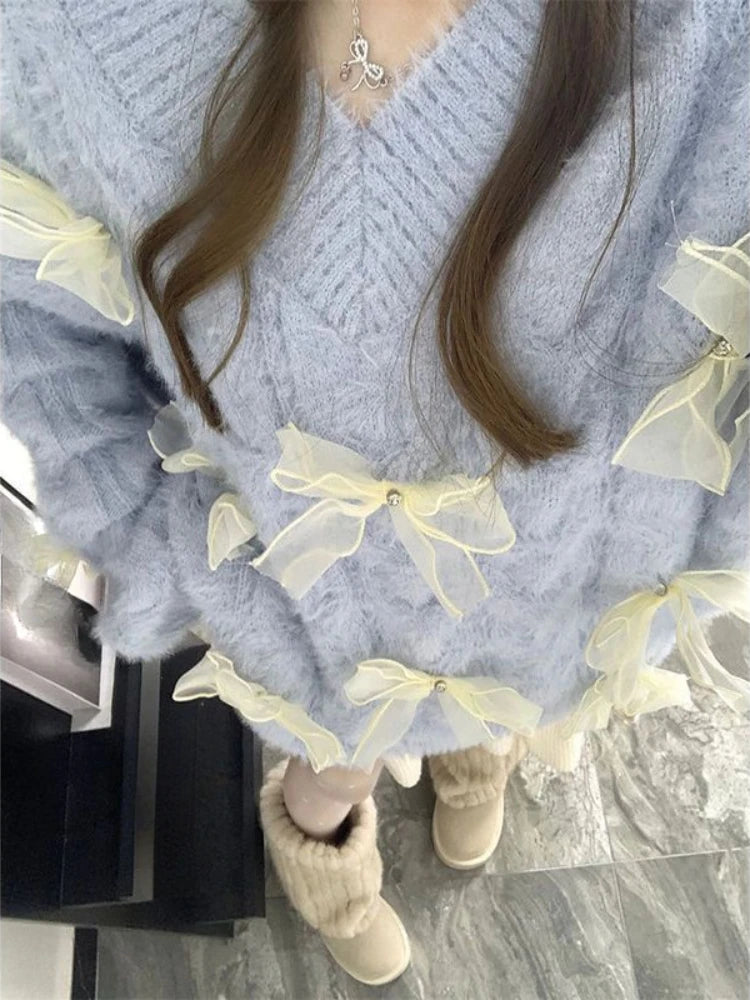 Knitted Sweater Bow Off Shoulder V Neck Loose Stretch Autumn Winter Pullover Female Jumper