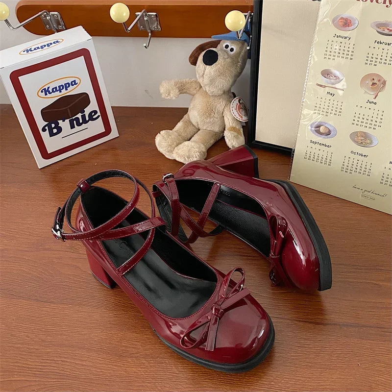 Red Mary Jane Pumps Thick High Heels Shoes Female Lolita Square Toe Shoes Spring Party Leather Woman Shoes New
