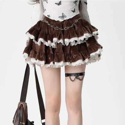Brown Sweet Corduroy Skirt Korean Style Kawaii Cake Mini Skirt Black Lace Spliced High Waist Ruffle Short Skirts