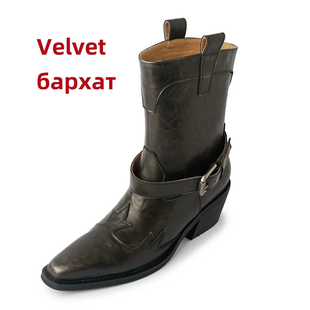 Ankle Boots Genuine Leather Chunky High Heels Shoes for Winter Western Cowboy Short Boots Shoes Woman