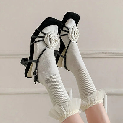 Open Toe Camellia Flower Sandals Square Toe Hollow Summer Strappy Daily Dress Shoes High Heels Beach Shoes