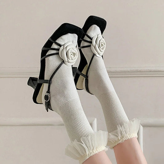 Open Toe Camellia Flower Sandals Square Toe Hollow Summer Strappy Daily Dress Shoes High Heels Beach Shoes
