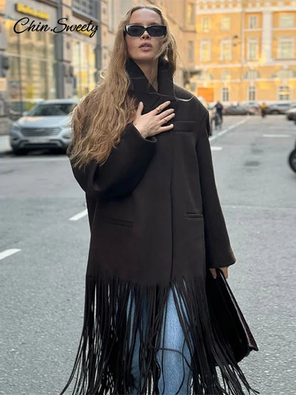 Woolen Tassel Long Coat Brown Single Breasted Long Sleeve Lapel Loose Jacket Spring High Street Outerwear