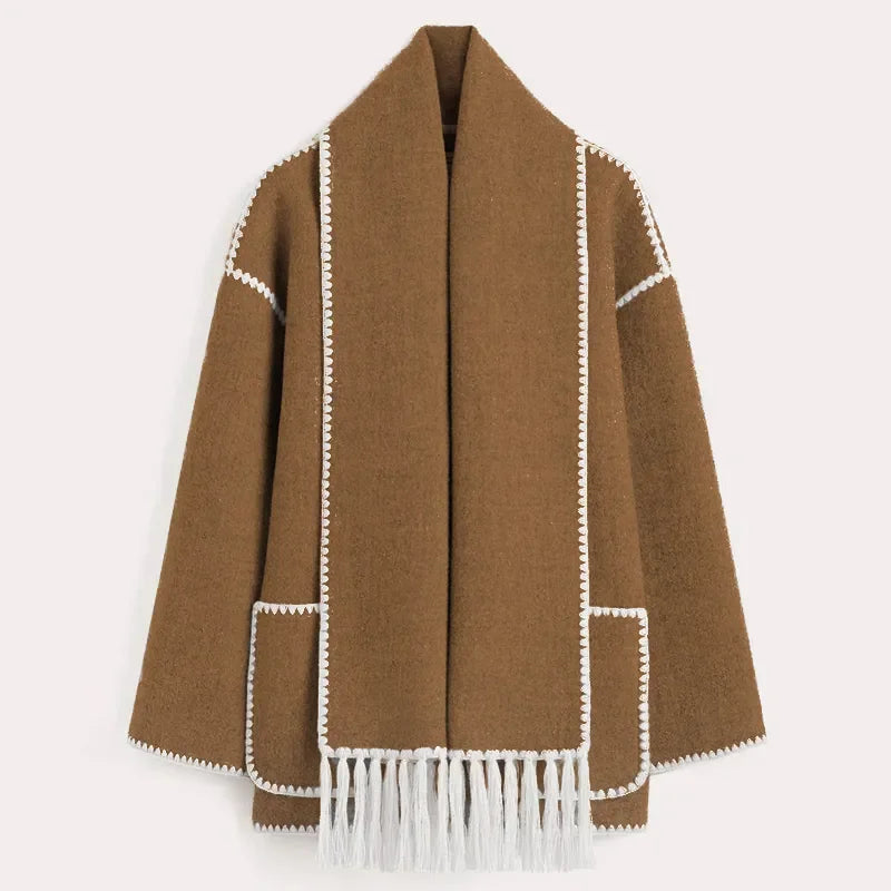 Loose Coat With Scarf Long Sleeve Pocket Single Breasted Female Coats Autumn Winter Lady Jacket