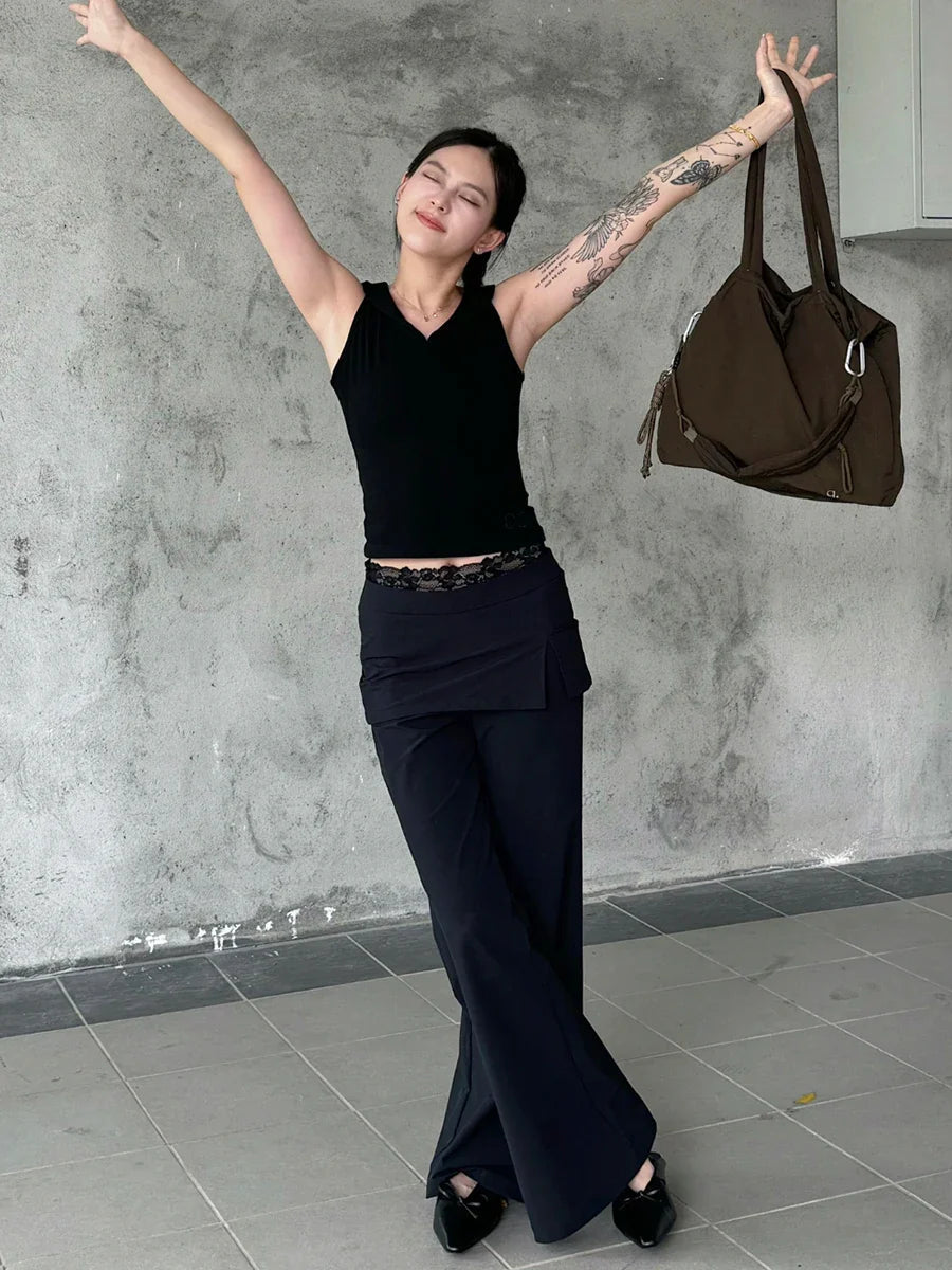 Lace Patch Strap Bootcut Pants White