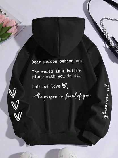 Dear Person Behind Me Letter Graphic Print Hoody ’s Soft Sweatshirt Autumn Warm Fleece Hooded Loose Tops