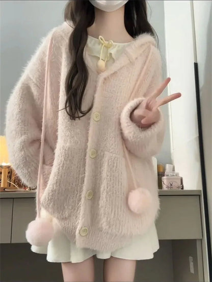 Sweater Sweet Furry Hooded Long Sleeve Loose Stretch Single Breasted Pockets Ball Drawstring Knitted Cardigan