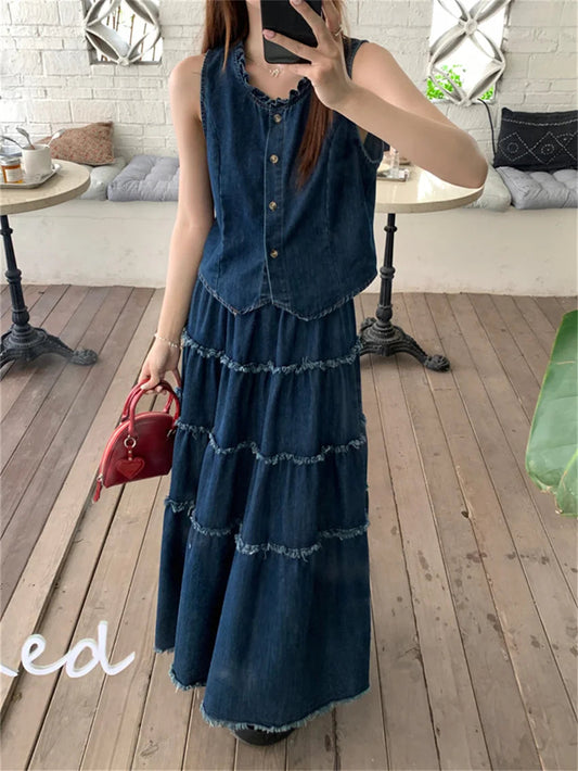 High Street Sweet Ruffles Denim Vest Coats Aline Mopping Suits Slim Loose Summer Skirts Office Lady