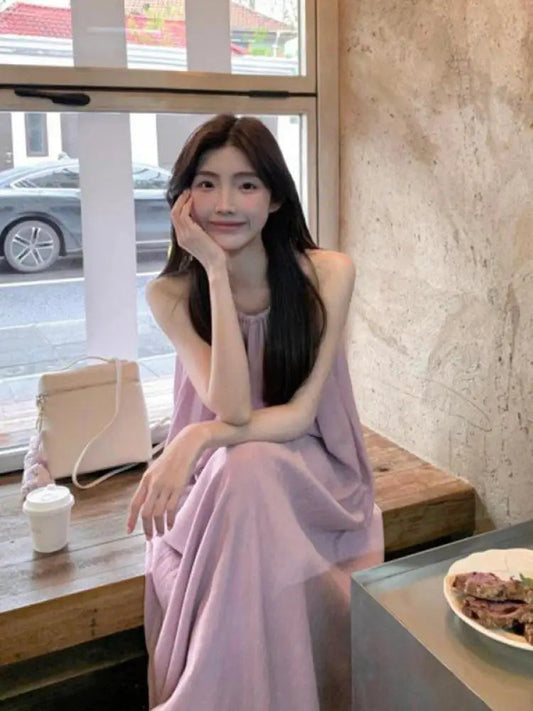 Summer Purple Off Shoulder Loose Pleated Sundress New Sleeveless Long Dress Slim Robe Clothes