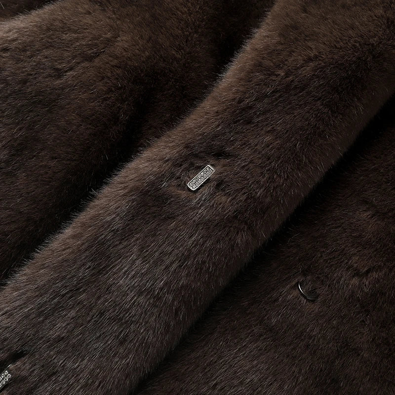 Winter Faux Mink Fur Coat Iconic Brand Long Outerwear Jacket Crystal Hooks Street Style Warm Overcoat
