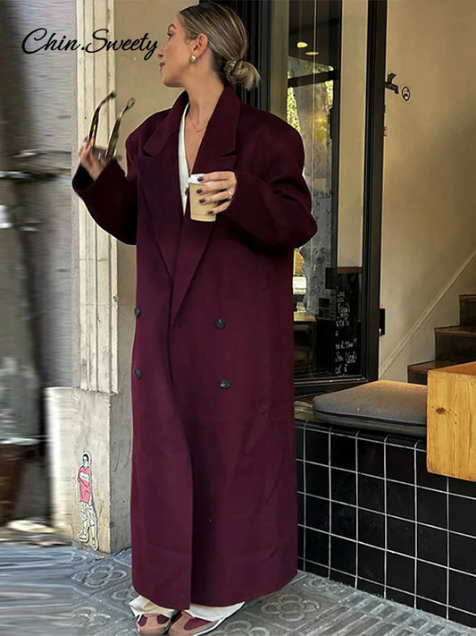 Burgundy Red Woolen Long Coat Oversized Shoulder Pads Full Sleeve Double Breasted Overcoats Autumn Lady