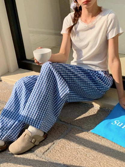 Plaid Wide Leg Pants Pockets Sping Summer High Waist Straight Loose Trousers Female