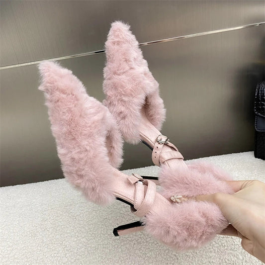 Faux Fur Fluffy Pumps Street Style Pointed Toe Thin High Heels Shoes Party Prom Zapatos De Mujer