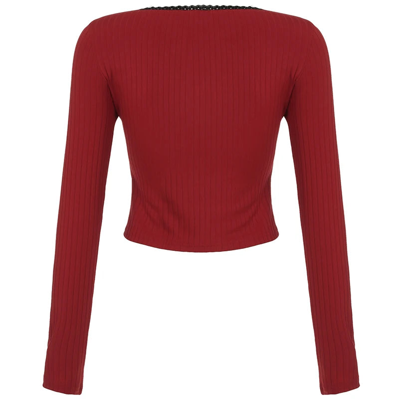 Christmas Knitted Lace Trim Square Collar Long Sleeves T-shirts Sweet Festive Atmosphere Blouses