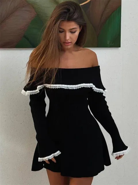 Knit Off-shoulder Sweater Mini Dress ’s Lace Patchwork Ribbed Slim Backless Party Dress Knitwear Mini Dress