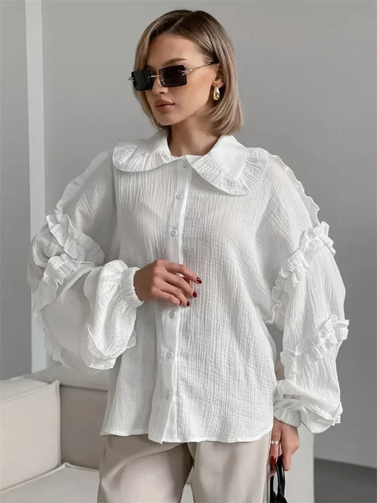 Ruffled White Loose Shirts for Long Sleeve Autumn Outwear Female Shirts Coat Summer New