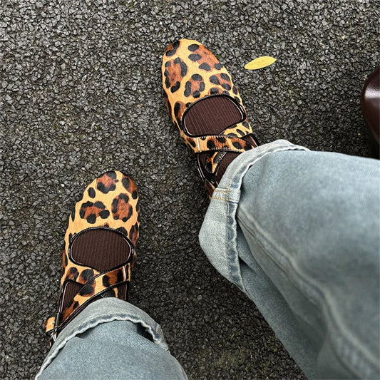 Shoes Loafers for Genuine Leather Flats Sole Buckles Spring New Flats Shoes Leopard Silver
