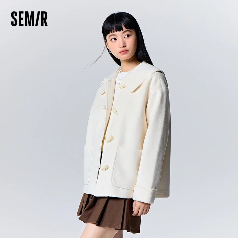 Coat Horn Button Loose Temperament Color New Winter Large Lapel Imitation Wool Coat