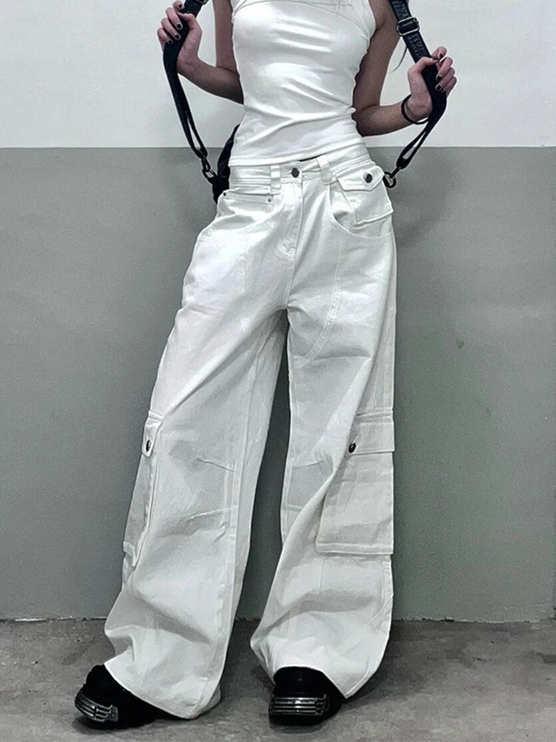 Summer White Jeans High Waist Baggy Y2k Trend Straight Cargo Pants Street American Wide Leg Denim Trouser