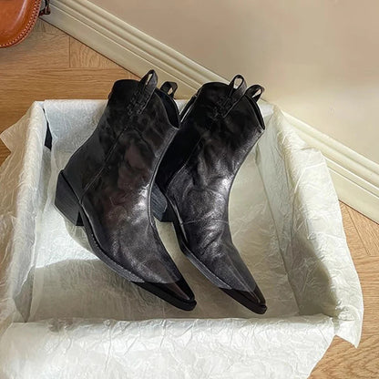 New Pointed Toe Back Zipper Ankle Boots Thick High Heels Shoes Boots Cowboy Western Boots Botas De Mujer