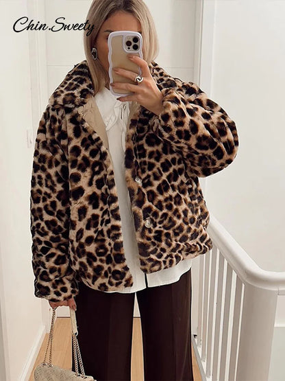 Leopard Double Side ’s Quilted Parkas Long Sleeve Lapel Fleece Button Padded Coat New Lady Thick Warm Outwear