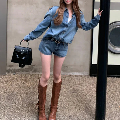 Autumn New Washed Distressed Denim Loose Longsleeved Shirt + Straight Pants Twopiece Suit