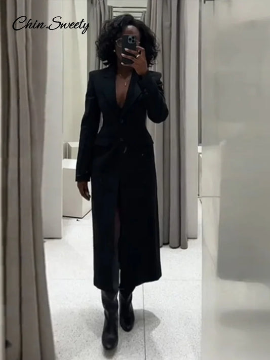 Lapel Black Long Overcoat Slim High Waist Full Sleeve Single Breasted Shoulder Pad Coat New Spring Commute Outwear