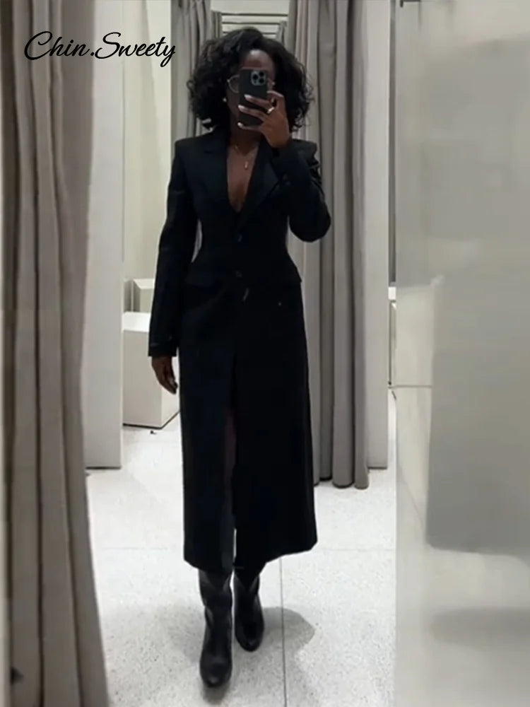 Lapel Black Long Overcoat Slim High Waist Full Sleeve Single Breasted Shoulder Pad Coat New Spring Commute Outwear