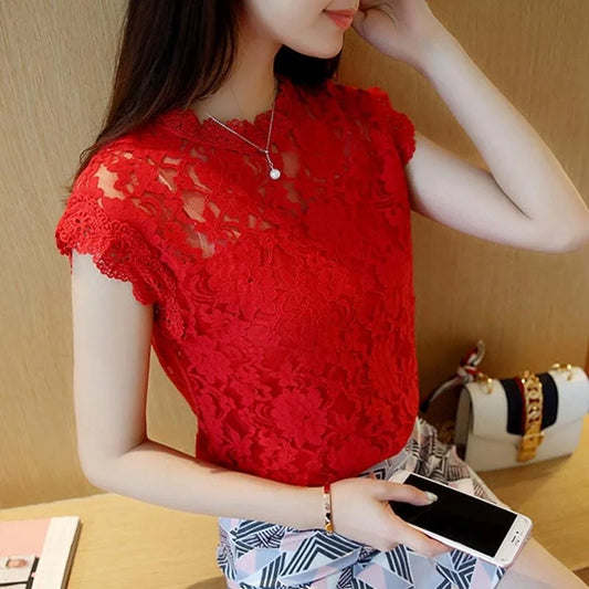 Summer Hollow Out Lace Blouse Shirt Tops Crochet Short Sleeve Bottoming Shirts Blouses Tops Df1591