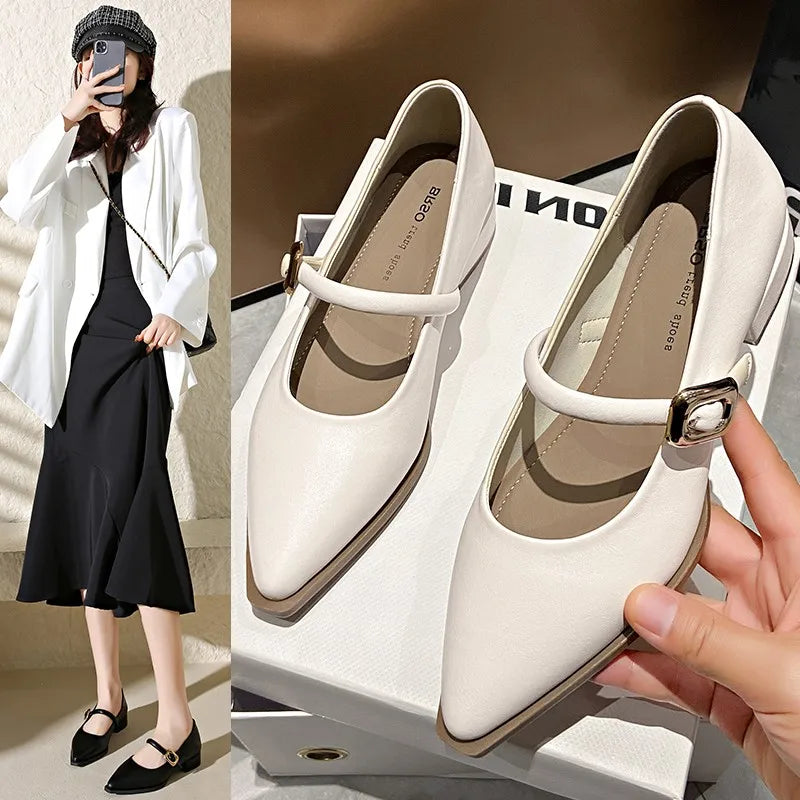 Pointed Toe Loafers Black Brown White Mules Shoes Belt Buckle Shallow Slip on Low Flat Heeled Party Pumps